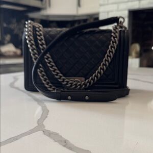 Black Boy Style  Crossbody Bag With Silver Hardware Genuine Leather Lambskin